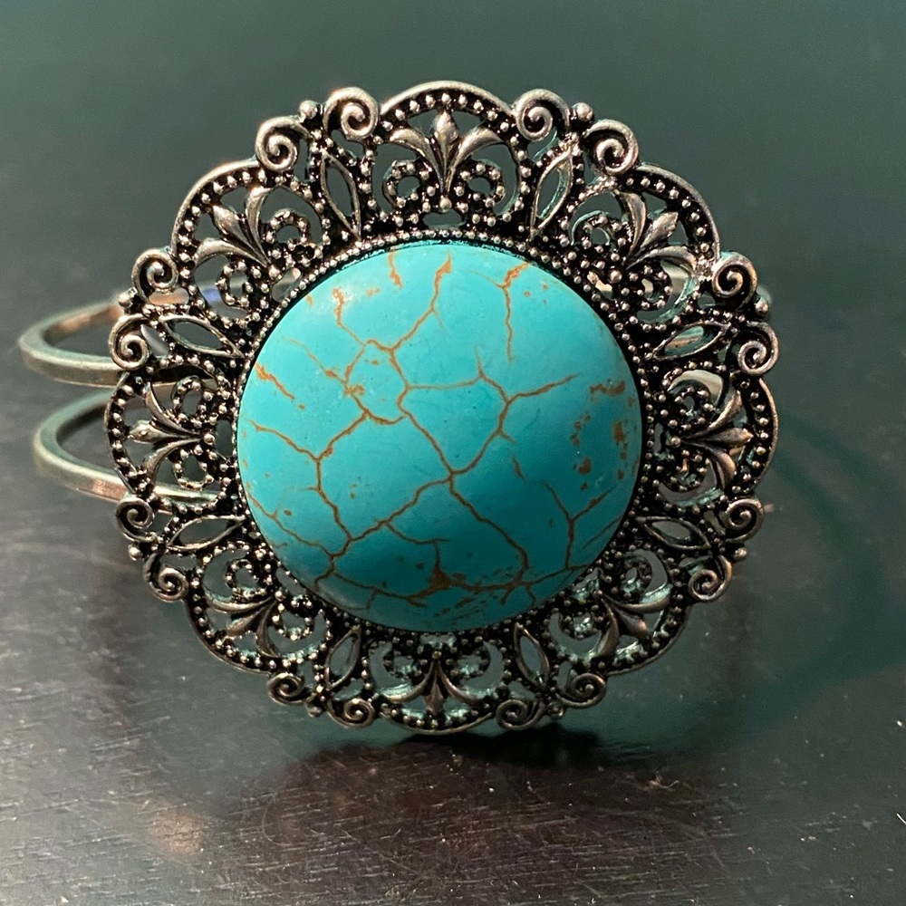 Round turquoise inspired cuff bracelet. Two different styles available.